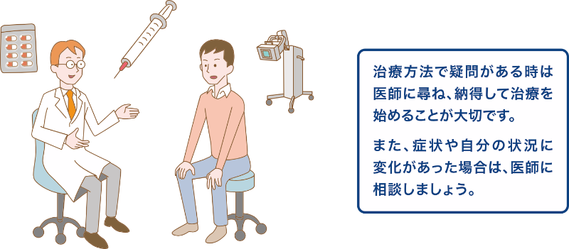 治療方法で疑問がある場合や、自身の症状や状況に変化があった場合は医師に質問・相談し、納得して治療を進めましょう。