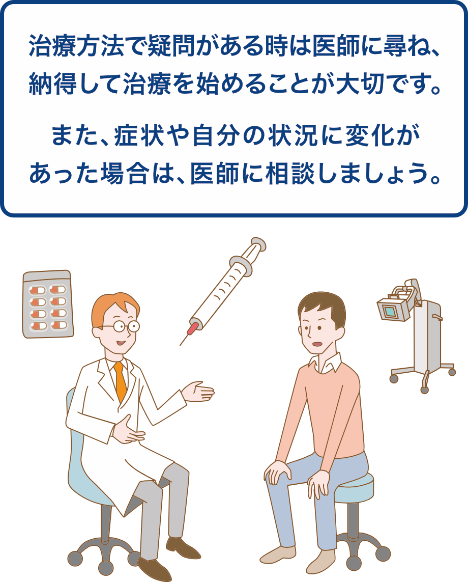 治療方法で疑問がある場合や、自身の症状や状況に変化があった場合は医師に質問・相談し、納得して治療を進めましょう。