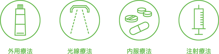 乾癬の治療には主に、外用療法、内服療法、光線療法、注射療法の4つあります。